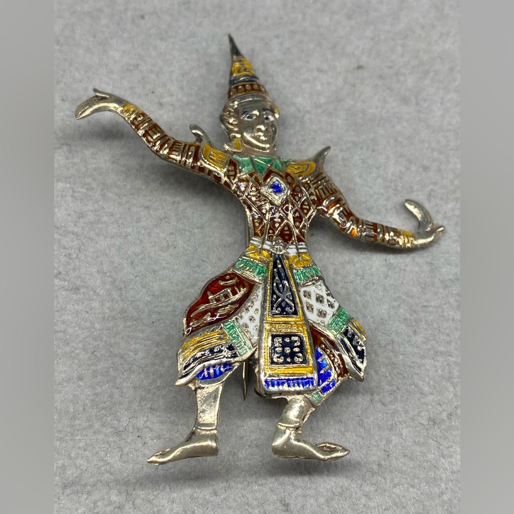 Sterling Silver Siam Dancer Pin/Brooch with Enamel Colors